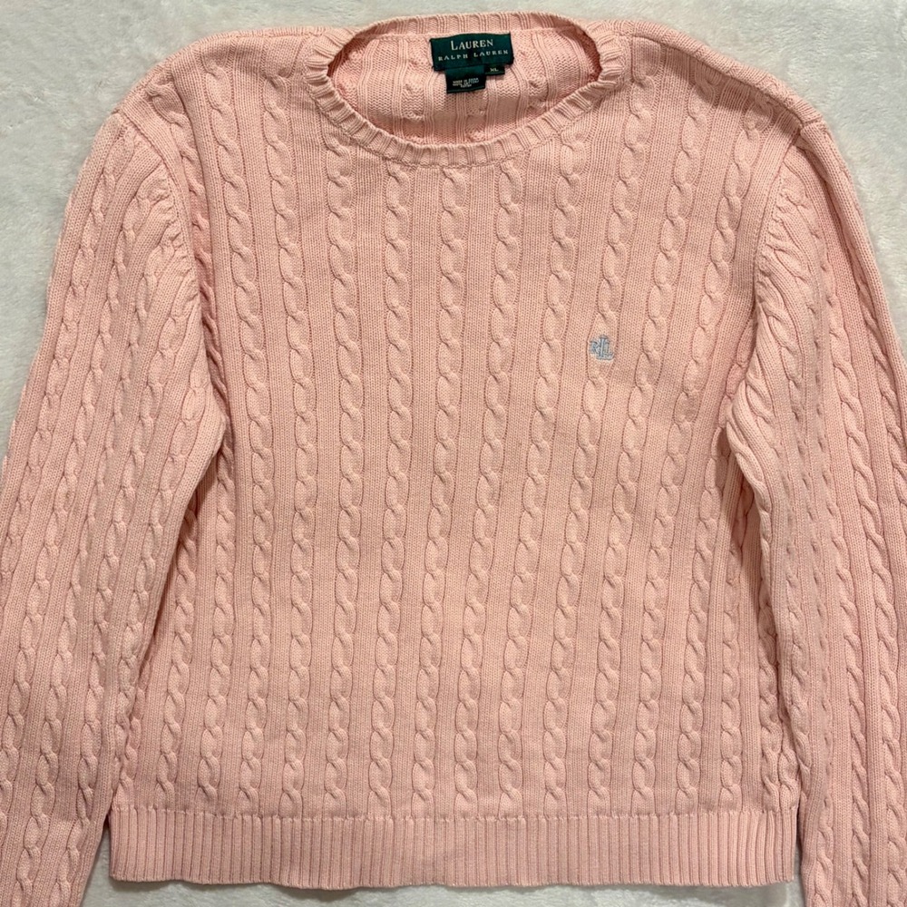 Ralph Lauren Pink Cable Knit Cotton Sweater XL LRL Monogram Crewneck